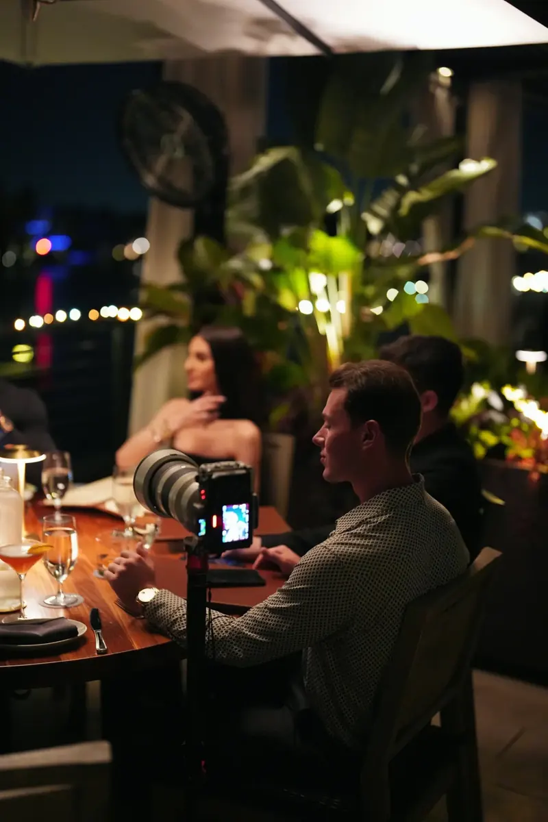 Camera set up on the table at a restaurant shoot
